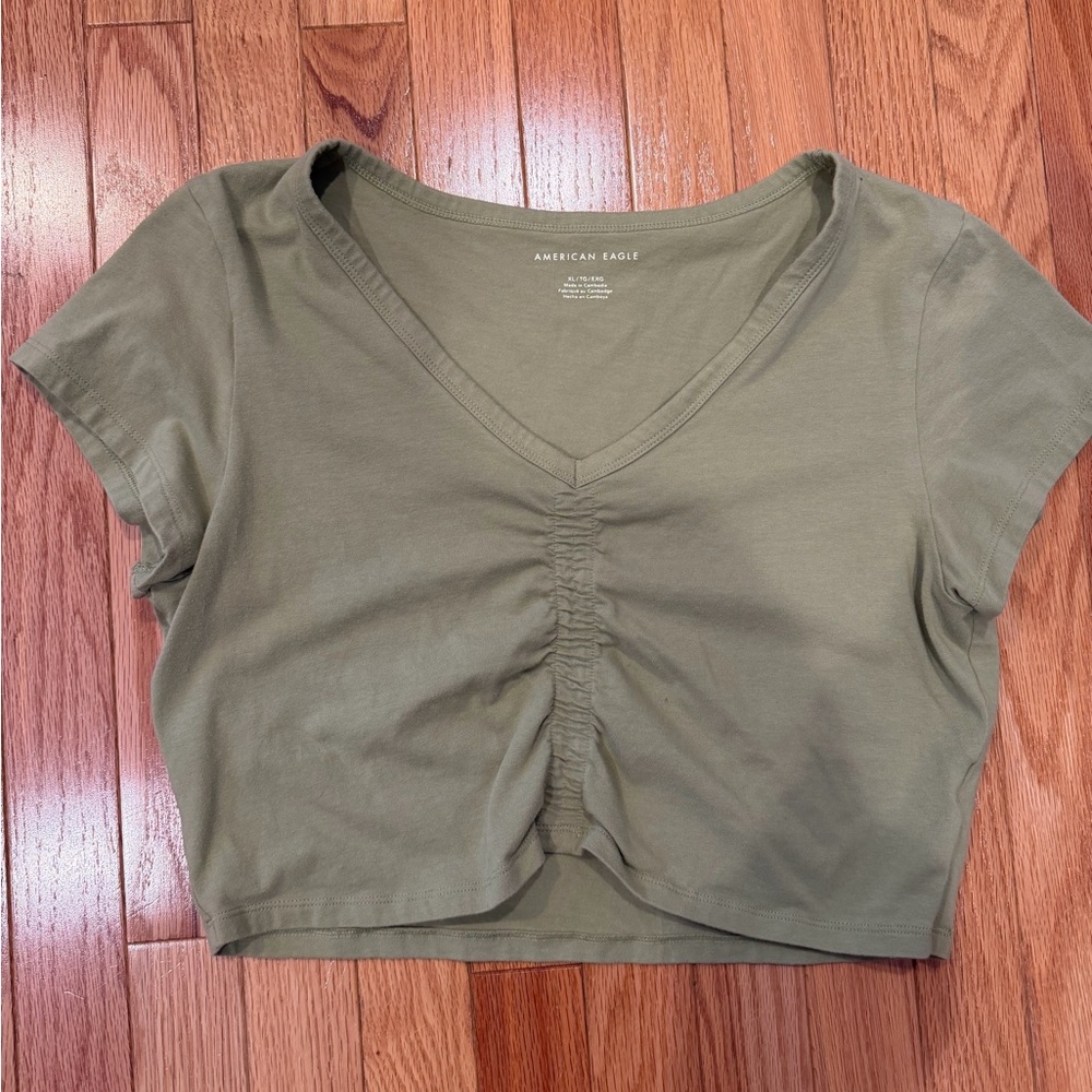 American Eagle Outfitters Olive Ruched V‑Neck Crop Top